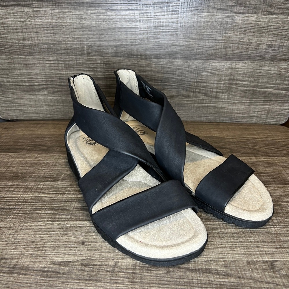 Earth Spirit Womens Wedge Sandals Size 9.5 Black Crisscross‎ Straps Zip Boho